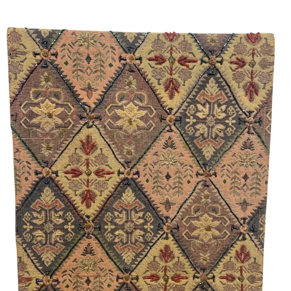 Woven Tapestry Beaded Table Runner Harlequin Diamond Floral Earth Tones 13x70